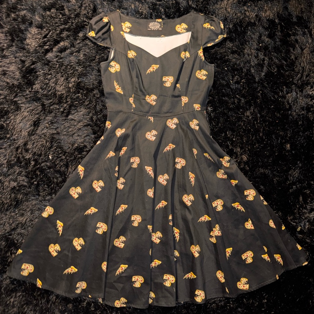 Black Strapless Fit-and-Flare Dress with Yellow Heart Print